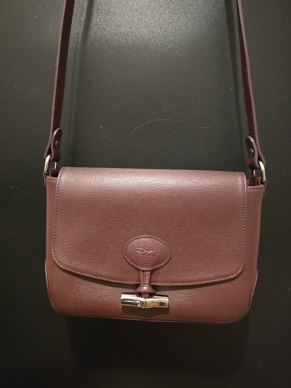 Longchamp Plum Textured Leather Crossbody with Silver-Tone Clasp